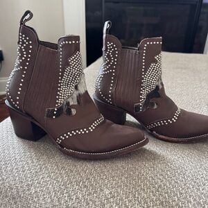 J. B. Dillon Studded and Fur Ankle Cowgirl Boots